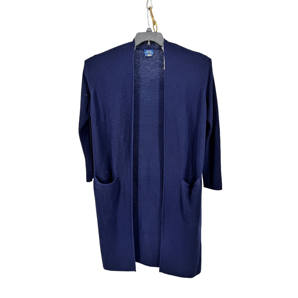 Polo Ralph Lauren Long Open Cardigan Sweater Small Womens Navy Blue Ribbed Knit